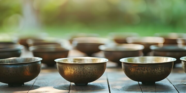 Healing therapy with Tibetan brass gongs for relaxation and meditation practice. Concept Tibetan Brass Gongs, Healing Therapy, Relaxation, Meditation Practice