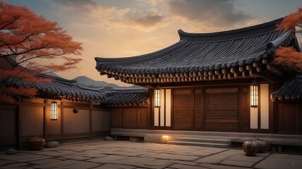 Korean traditional autumn hanok background photo high definition clear hyperrealistic