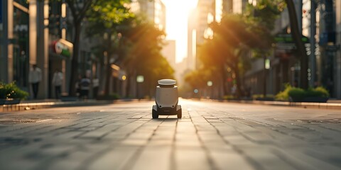 Futuristic delivery robot navigating a modern pedestrian zone in a smart city. Concept Futuristic Technology, Delivery Robotics, Urban Innovation, Smart Cities, Autonomous Navigation