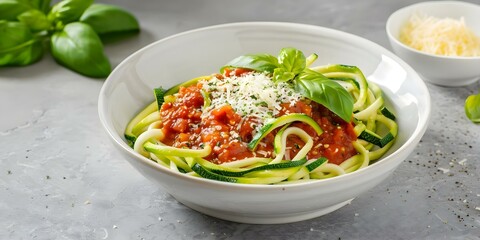 Zucchini Noodles with Homemade Tomato Sauce and Parmesan Cheese. Concept Healthy Pasta Alternative, Homemade Sauce Recipe, Vegetarian Meal, Low-carb Dinner Option, Quick and Easy Recipe