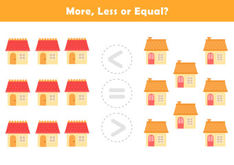 Comparison Worksheet with Cute Cartoon House for Kids. Counting Games for Preschoolers. More or Less Worksheet for Kindergarten.
