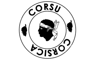 Vintage round vector icon of a Corsica stamp with Corsican language text and with a Moor's head. Classic postage design.