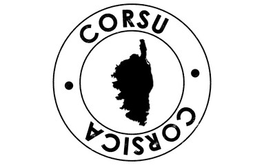 A vintage round vector icon featuring a Corsica stamp, showcasing Corsican language text and an illustration of Corsica Island. Classic postage design.