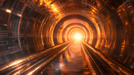 A mesmerizing view of a high-tech tunnel with glowing concentric rings leading to a bright light, invoking themes of travel and future possibilities.