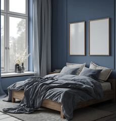 Modern bedroom with a blue accent wall, wooden bed frame, and two blank poster mock-up frames above the bed. The soft natural light and minimalist decor create a peaceful and inviting sleeping space