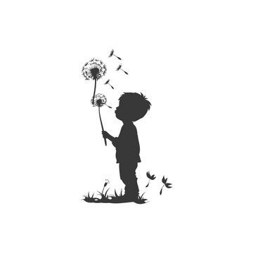 little boy blows dandalion minimalist logo or symbol black color only