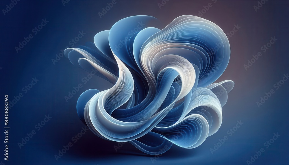 Poster abstract 3d render of swirling, layered shapes in blue and white. the image creates a sense of movem