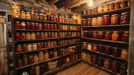 A rustic pantry with shelves full of canned goods, preserves, and homemade jams, creating a warm, inviting atmosphere