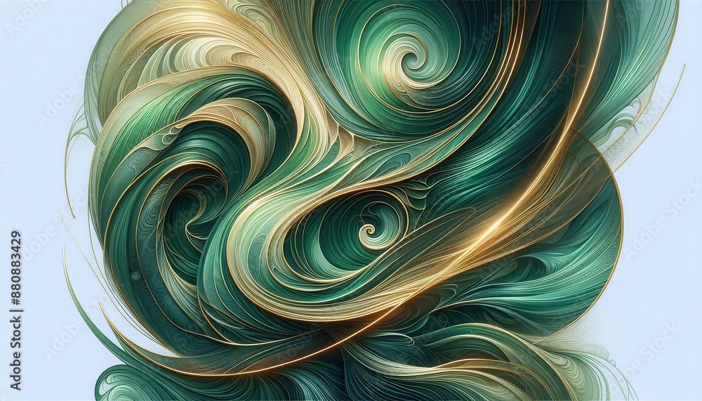 Poster abstract swirling design in green and gold. the design is reminiscent of a natural pattern, but with