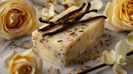 Vanilla scented soap with vanilla pods and flower petals