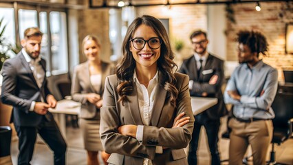 Confident business team standing together in modern office. Professional workplace with diverse group of colleagues demonstrating teamwork.