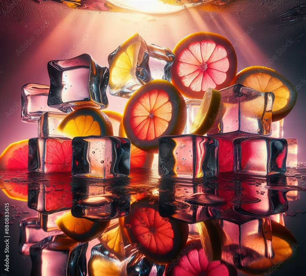Poster a composition of ice cubes and slices of lemon and grapefruit, arranged in a cluster on a reflective