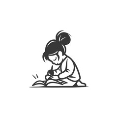 little girl writing minimalist logo or symbol black color only