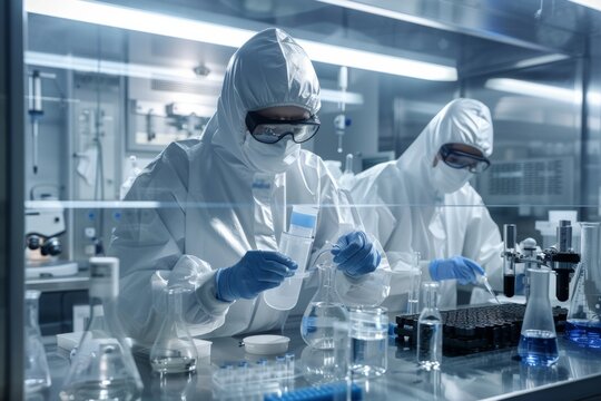 breakthrough of scientists in protective suits working in a cutting-edge nano and bio technology professional clean laboratory, innovative advancements and scientific vaccine discoveries