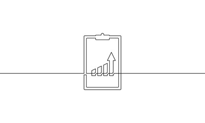 Continuous one line drawing of graph with clipboard. Illustration vector of bar chart. Single line art of business growth. Flat icon of arrow up. Sign symbol of increasing arrow