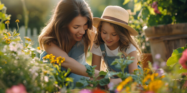 Mother and Daughter Bonding Through Tree Planting in Garden
