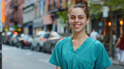 Fototapeta premium A cheerful nurse standing on a busy urban street, wearing scrubs, showcasing dedication and compassion in healthcare services.