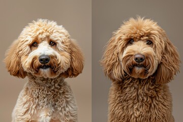 transformation of a Golden Doodle dog before and after grooming, minimalist salon decor and soft, muted colors. Canine haircare services. 