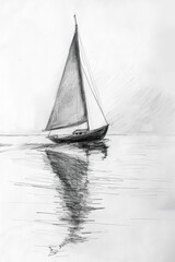 A black and white sketch of a lone sailboat