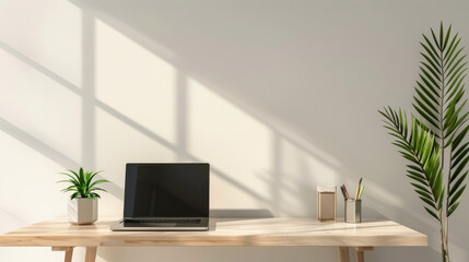 Sunlit home office with a wooden desk, laptop, and green plant, creating a peaceful, productive workspace with natural light.