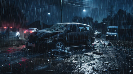 A severely damaged car in the rain at night, surrounded by debris and flanked by other cars, highlighting the aftermath of a serious accident.