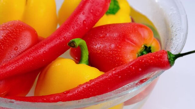 juicy red and yellow peppers in water