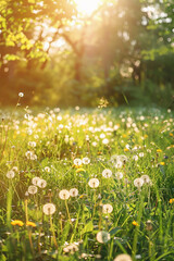 Fototapeta premium A sunlit meadow filled with dandelions at sunset, creating a serene and tranquil scene with a warm glow.