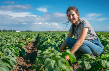Fototapeta premium Happy young woman farmer working in potato field, smiling at camera.