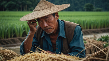Asian farmer working in the rice fields and collects rice. Rice harvest.