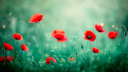 Fototapeta premium Red poppies in a green field with soft focus and bokeh effect