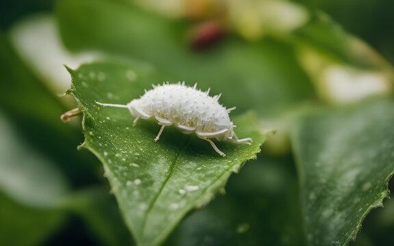 A mealybug infestation on a lush green leaf, the white cotton-like substances coating their bodies
