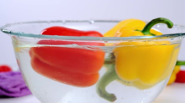 juicy red and yellow peppers in water