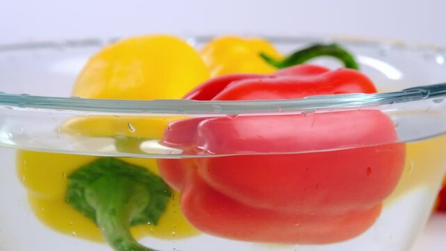 juicy red and yellow peppers in water