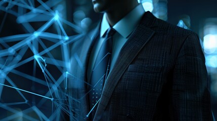 A close-up view of a business professional in a modern office setting, with a complex, detailed background