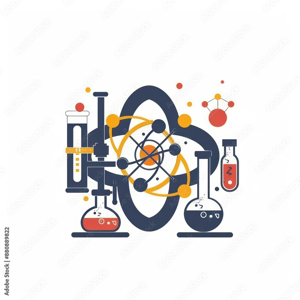 Canvas Prints Chemistry Illustration with Atom Model and Lab Equipment