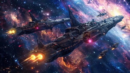 A detailed fleet of spaceships cruising in space, with a rich, starry background
