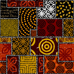 Seamless african pattern. Ethnic and tribal motifs. Brown, red, khaki and black colors. Grunge texture. Vintage print for textiles. Patchwork