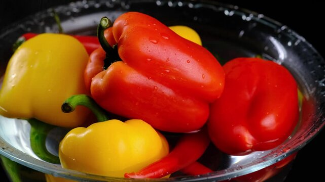 juicy red and yellow peppers in water