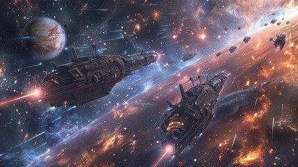 A fleet of spaceships flying through space, with a complex, star-filled background
