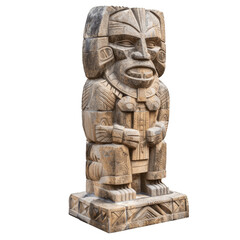 Intricately carved wooden tiki totem against a transparent checkered backdrop