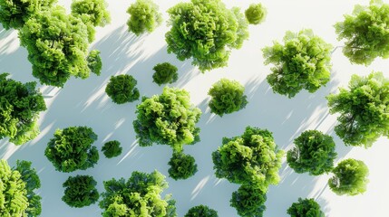 Obraz premium A minimalistic 3D model of densely packed cartoon trees, top-down view, with dynamic lighting and shadows, set against a light, neutral background