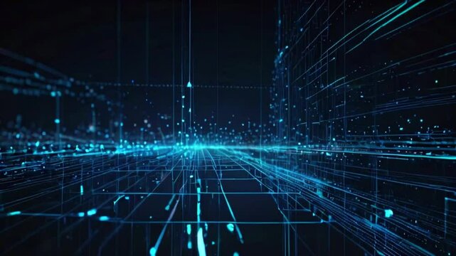 dynamic grid of blue lines and dots that move smoothly across the screen, forming and dissolving connections, symbolizing data transfer in a digital network, 4K abstract wallpaper animation video