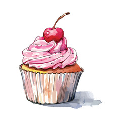 watercolor cupcake with cherries