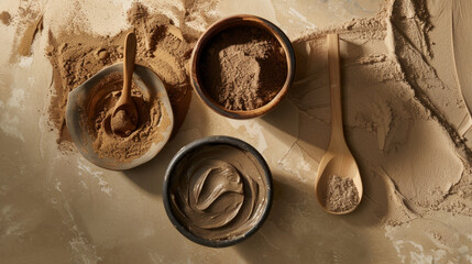An assortment of finely ground powders and smooth clay masks presented in rustic wooden bowls and pots on a textured surface.