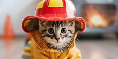 Cute cat dressed as a firefighter with a fire truck costume idea. Concept Cute Cat, Firefighter Costume, Fire Truck, Pet Photoshoot, Costume Ideas