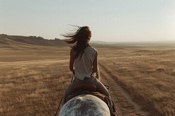 A woman rides a white horse through an open field under a bright sky, embodying the essence of freedom and exploration, ideal for a stock image representing serenity and nature.