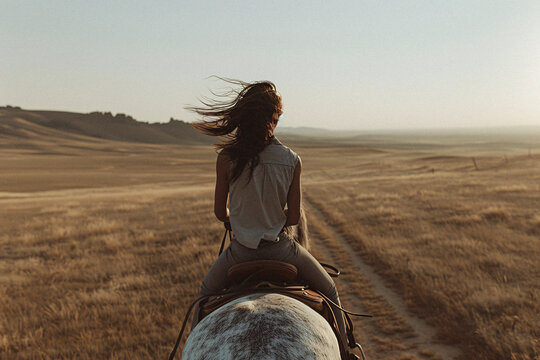 A woman rides a white horse through an open field under a bright sky, embodying the essence of freedom and exploration, ideal for a stock image representing serenity and nature. - Powered by Adobe