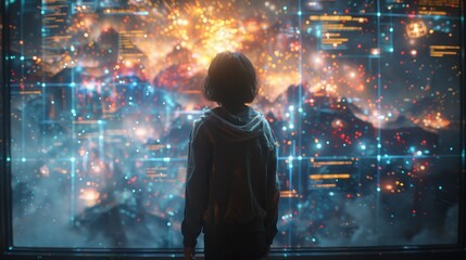 Fototapeta premium Holographic display, 3D projection technology, interactive user interface, futuristic environment, detailed visuals, advanced graphics, vibrant colors