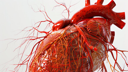 A highly detailed anatomical model of a human heart, showing blood vessels and intricate structure, isolated on a plain background.