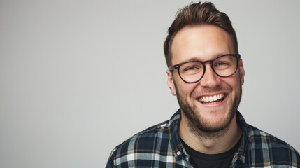 Obraz premium A happy man with glasses and a plaid shirt smiles warmly against a plain background, radiating positivity and joy.
